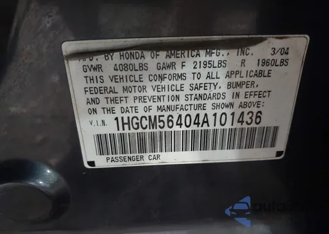 2004 Honda Accord 2.4 Lx из США, поврежденный, VIN 1HGCM56404A101436